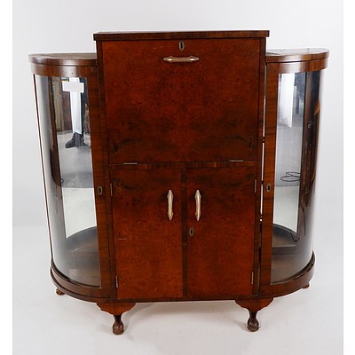 Vintage Cocktail/Drinks Cabinet in Walnut and Burr walnut Veneer with Curved Glass Sides Circa 1930s