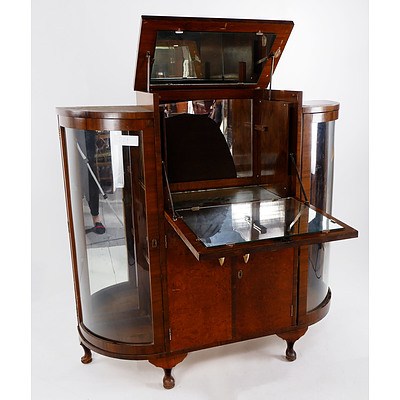 Vintage Cocktail/Drinks Cabinet in Walnut and Burr walnut Veneer with Curved Glass Sides Circa 1930s