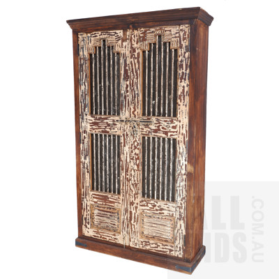 Large Antique Style Distressed Hardwood Cabinet with Metal Bars and Wire Mesh Panels