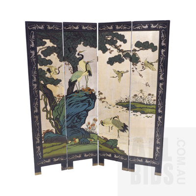 Japanese Carved and Lacquered Four Fold Screen Depicting Manchurian Cranes and Pines, 20th Century