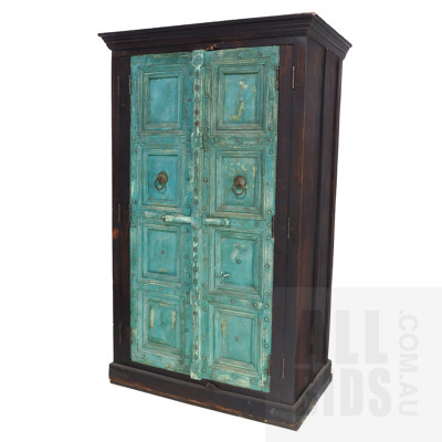Very Large Indian Kitchen Pantry with Heavy Turquoise Painted Doors with Metal Studs and Metal Slide Lock 