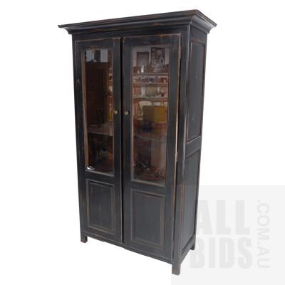 Contemporary Rustic Black Lacquer Bookcase with Washed Interior 