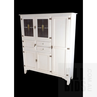 White Painted Kitchen Cupboard with Two Leadlight Doors, Mid 20th Century