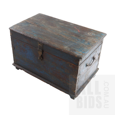 Antique Style Rustic Painted Pine and Hardwood Metal Bound Trunk