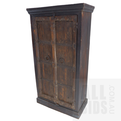 Antique Style Distressed Hardwood Cabinet with Metal Bound and Studded Doors, and Ring Handles