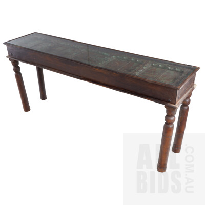 Distressed Hardwood Hall Table with Fixed Metal Bound and Studded Door Beneath Glass