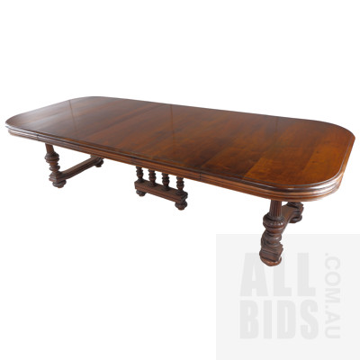 Antique Style Mid to Late 20th Century Three Leaf Extension Dining Table with Profusely Carved and Tapered Legs