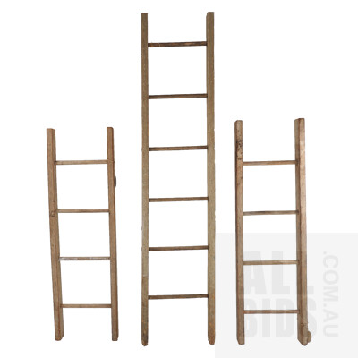 Three Vintage Rustic Hardwood Ladders