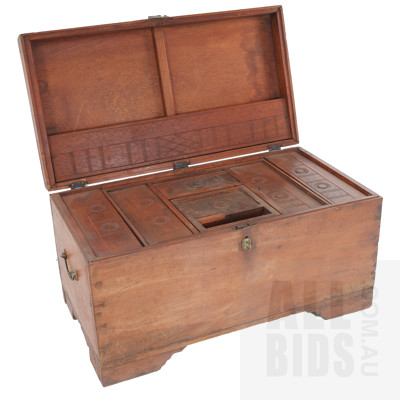 Vintage Indian Carved Teak Actors Chest With Various Internal Compartments