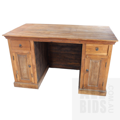Indian Hardwood Keyhole Desk with Decorative Metal Latticework and Studs to Back and Sides