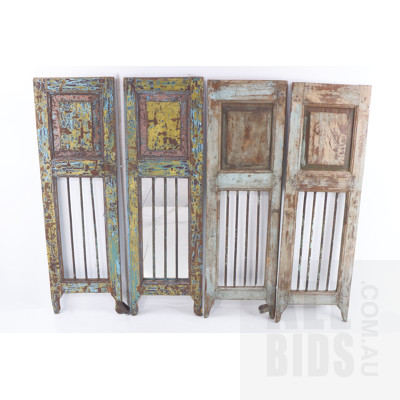 Four Rustic Painted Hardwood Panels with Metal Grate Windows 