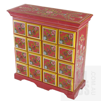 Decorative Sixteen Drawer Curio Chest with Hand Painted Floral and Vine Motifs