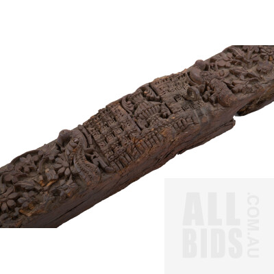 Large Indian Profusely Carved Hardwood Beam with Architectural and Floral Motifs