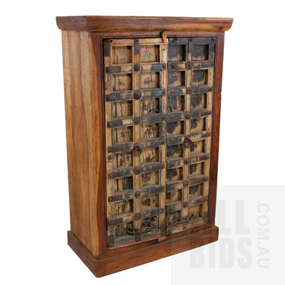 Antique Style Indian Cabinet with Rustic Metal Bound and Studded Doors