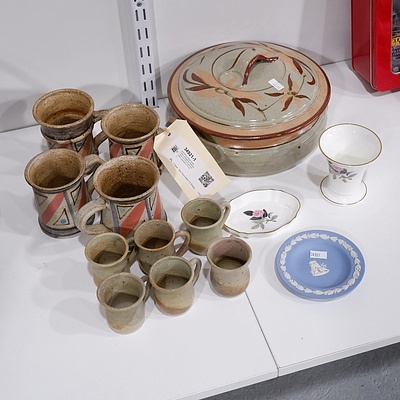 Assorted Australian Studio Pottery, Wedgwood Hathaway Rose Pin Dish & Vase and a Blue Jasperware Pin Dish