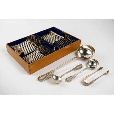 Victorian Monogrammed Sterling Silver Table, Dessert and Tea Spoons Setting for Twelve, Including Ladles and Tongs, George Aldwinckle London, 1866, 2860g