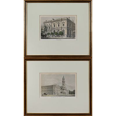 Two Hand-Coloured Engravings: National Bank c1876 & Town Hall and Eagle Chambers, Adelaide c1876 (2)