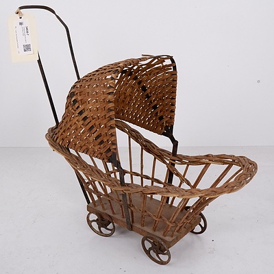 Vintage Wrought Iron and Cane Doll's Pram