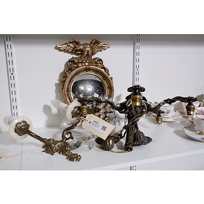 Antique Style Brass Wall Sconce and Light Fitting and a Syroco USA Gilt Plastic Eagle Wall Mirror