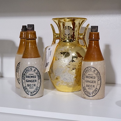 Three Edwards & Sons Stoneware Ginger Beer Bottles and a Gilt Japanese Vase