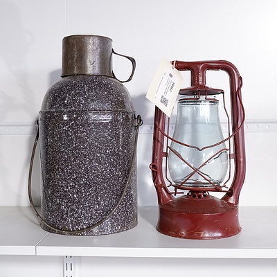 Vintage Lanora Kerosene Lantern and an Enamel Water Can with Cup