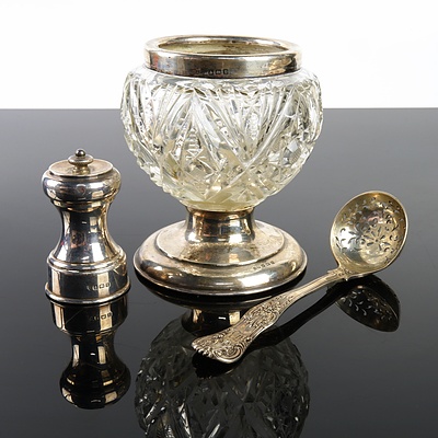 Antique Hallmarked Birmingham Silver and Cut Crystal Pedestal Vase, Pepper Grinder and Sifting Spoon