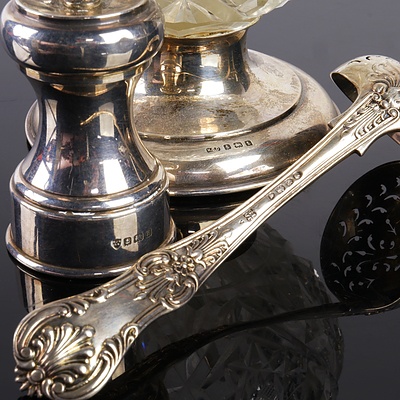 Antique Hallmarked Birmingham Silver and Cut Crystal Pedestal Vase, Pepper Grinder and Sifting Spoon
