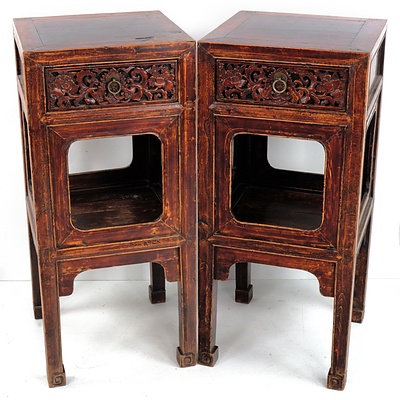 Pair 19th Century Chinese Stands with Carved Peony Rose Decoration To Drawer Fronts and Lacquer Remnants