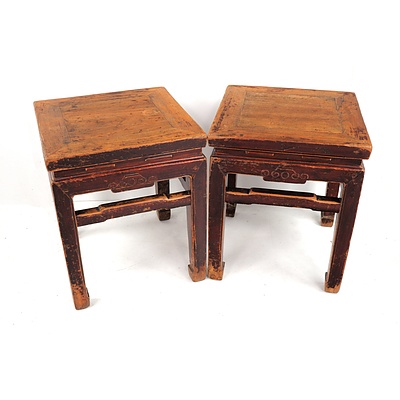 Pair 19th Century Chinese Elm Stools with Lacquer Remnants