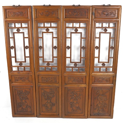 Four Chinese Scholar Window Panels with Pierced and Carved Four Seasons