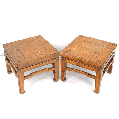 Pair 19th Century Chinese Elm Stools with Waisted Design and Hoof Feet
