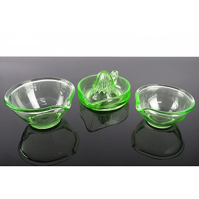Set of Two Uranium Glass Mixing Bowls and a Citrus Juicer