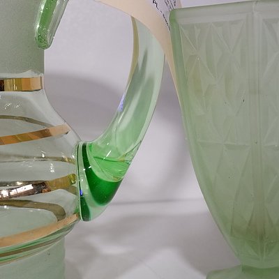 Vintage Frosted Uranium Glass Vase and Lemonade jug with Gilt Trim