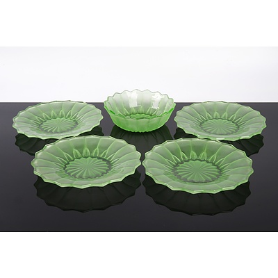 Four Vintage Frosted Uranium Glass Plates and a Matching Bowl