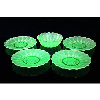 Four Vintage Frosted Uranium Glass Plates and a Matching Bowl