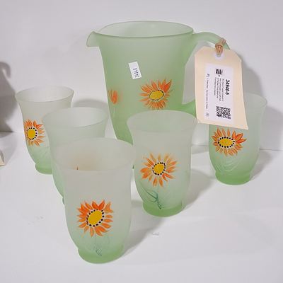 Art Deco Frosted Uranium Glass Lemonade Jug with Hand Painted Floral Motif and Five Matching Glasses