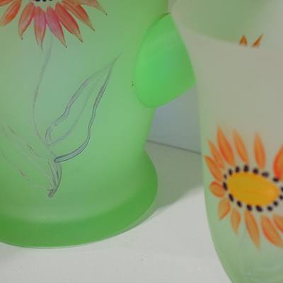 Art Deco Frosted Uranium Glass Lemonade Jug with Hand Painted Floral Motif and Five Matching Glasses