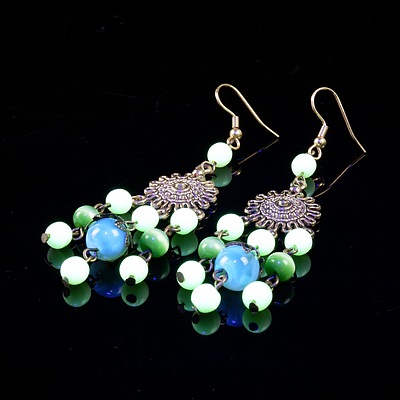 Pair of Vintage Gold Tone Drop Earrings with Uranium Glass Beads