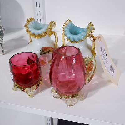 Pair of Victorian hand Blown Uranium Glass Vases, Cranberry & Uranium Glass Frosted Jug & Bowl