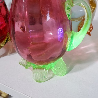 Pair of Victorian hand Blown Uranium Glass Vases, Cranberry & Uranium Glass Frosted Jug & Bowl