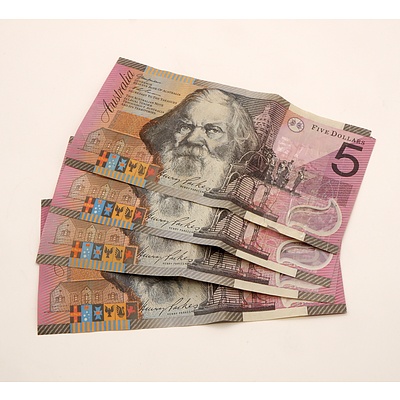 Four 2001 Australian Polymer $5 Notes, CK, BG, DB and AA