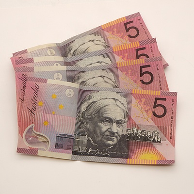 Four 2001 Australian Polymer $5 Notes, CK, BG, DB and AA