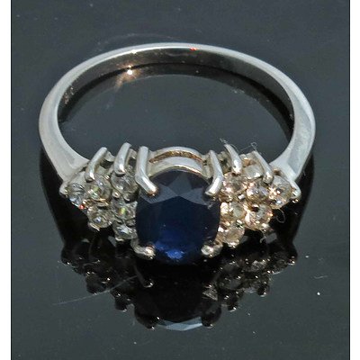 9ct Gold Sapphire Ring, With Cz Set Shoulders