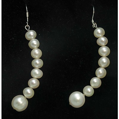 Sterling Silver Long Curved Drop Earrings - Freshwater Pearl-Set