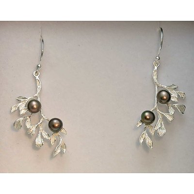 Sterling Silver Leaf Drop Earrings - Set With Peacock Black Cultured Pearls