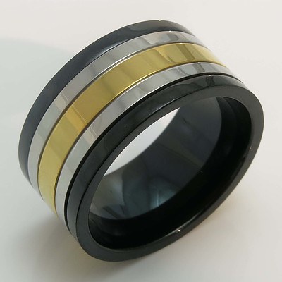 Stainless Steel Ring, Black Ceramic, With 18ct Gold-Plated Central Spinner