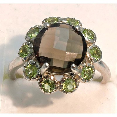 Sterling Silver Dress Ring, Set With Checkerboard Facetted Smoky Quartz 