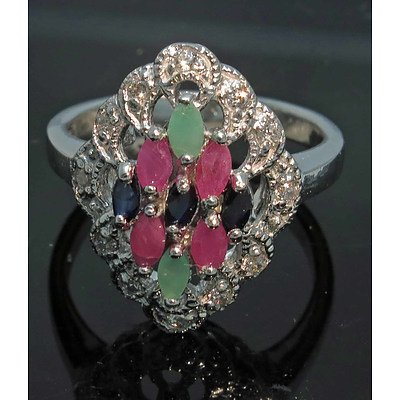 Sterling Silver Sapphire, Ruby & Emerald Ring