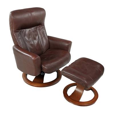 IMG Dark Tan Leather Reclining Armchair with Matching Ottoman