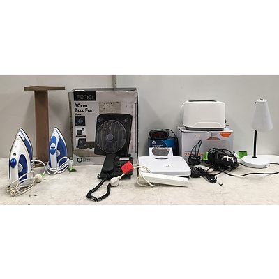Mixed Homewares Including Steam Irons, Box Fan, Toaster And Lamp